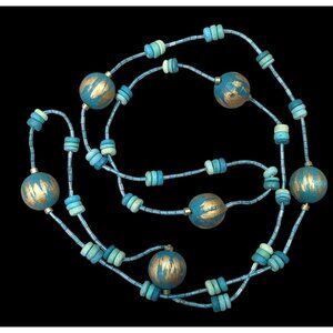 Blue And Gold Tone Wood And Glass Beaded Fantasy Necklace